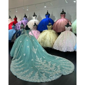 Spaghetti Strap Aqua Quinceanera Dresses V Neck 15 Dress With 3D Flowers