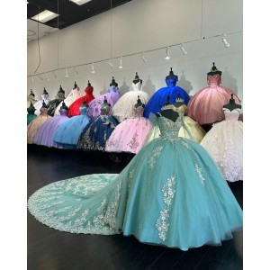 Spaghetti Strap Aqua Quinceanera Dresses V Neck 15 Dress With 3D Flowers