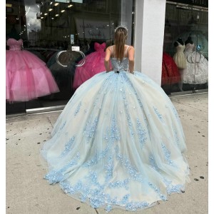 Spaghetti Strap Blue On Nude Quince Dresses V Neck 15 Dress Lace Appliques Ball Gown