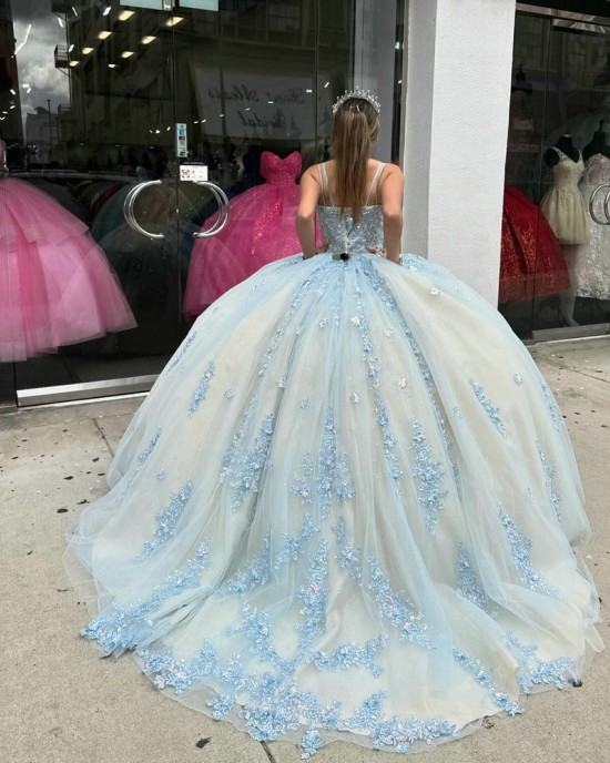 Spaghetti Strap Blue On Nude Quince Dresses V Neck 15 Dress Lace Appliques Ball Gown