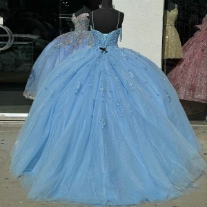 Spaghetti Strap Blue Quince Dresses V Neck 15 Dress Lace Appliques Ball Gown