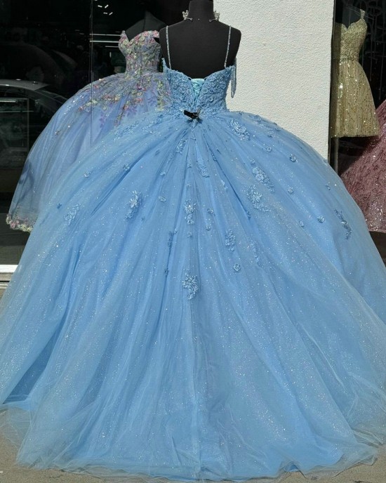 Spaghetti Strap Blue Quince Dresses V Neck 15 Dress Lace Appliques Ball Gown