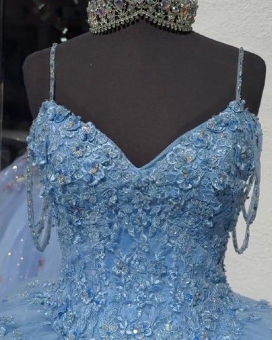 Spaghetti Strap Blue Quince Dresses V Neck 15 Dress Lace Appliques Ball Gown