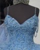 Spaghetti Strap Blue Quince Dresses V Neck 15 Dress Lace Appliques Ball Gown