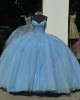 Spaghetti Strap Blue Quince Dresses V Neck 15 Dress Lace Appliques Ball Gown