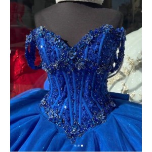 Spaghetti Strap Blue Quinceanera Dresses Metallic Sequin Ball Gown Sweetheart 15 Dress With Bow