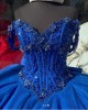 Spaghetti Strap Blue Quinceanera Dresses Metallic Sequin Ball Gown Sweetheart 15 Dress With Bow