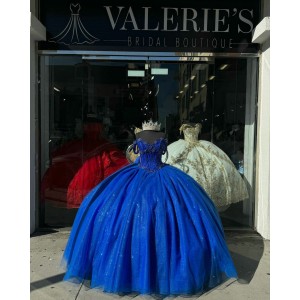 Spaghetti Strap Blue Quinceanera Dresses Metallic Sequin Ball Gown Sweetheart 15 Dress With Bow