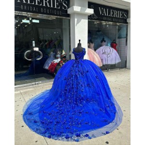 Spaghetti Strap Blue Quinceanera Dresses Sweetheart Neck 15 Dress With Three Dimensional Butterfly