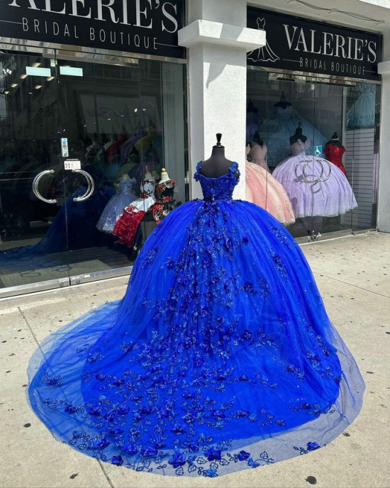 Spaghetti Strap Blue Quinceanera Dresses Sweetheart Neck 15 Dress With Three Dimensional Butterfly