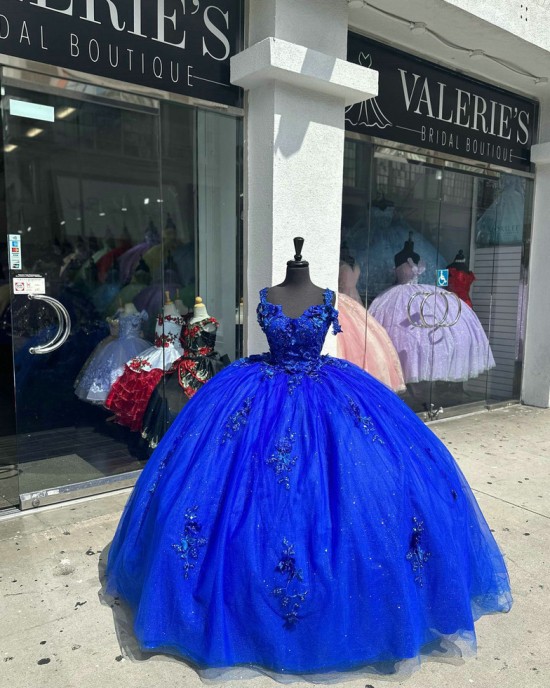 Spaghetti Strap Blue Quinceanera Dresses Sweetheart Neck 15 Dress With Three Dimensional Butterfly