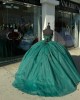 Spaghetti Strap Emerald Green Quinceanera Dresses V Neck Ball Gown 15 Dress With Lace Appliques