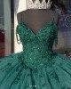 Spaghetti Strap Emerald Green Quinceanera Dresses V Neck Ball Gown 15 Dress With Lace Appliques