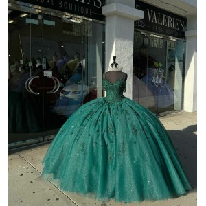 Spaghetti Strap Emerald Green Quinceanera Dresses V Neck Ball Gown 15 Dress With Lace Appliques