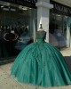 Spaghetti Strap Emerald Green Quinceanera Dresses V Neck Ball Gown 15 Dress With Lace Appliques