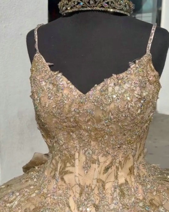 Spaghetti Strap Gold Quinceanera Dresses V Neck Metallic Sequin 15 Dress With Bow