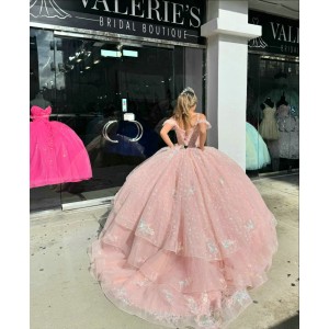 Spaghetti Strap Pink Quince Dresses V Neck 15 Dress Lace Appliques Ball Gowns