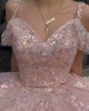 Spaghetti Strap Pink Quince Dresses V Neck 15 Dress Lace Appliques Ball Gowns