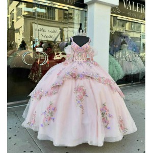 Spaghetti Strap Pink Quince Dresses V Neck Embroidered Flowers 15 Dress With Bow