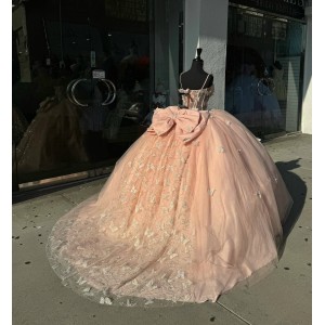 Spaghetti Strap Pink Quinceanera Dresses Sweetheart Neck Sheer Bodice Ball Gown 15 Dress With Bow