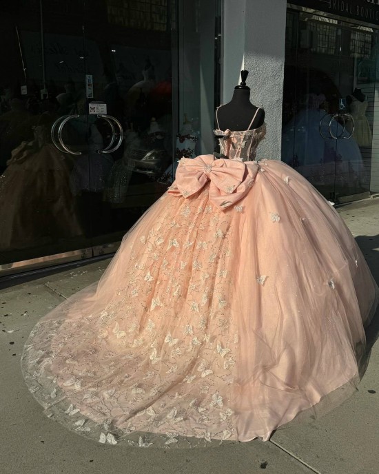 Spaghetti Strap Pink Quinceanera Dresses Sweetheart Neck Sheer Bodice Ball Gown 15 Dress With Bow