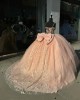 Spaghetti Strap Pink Quinceanera Dresses Sweetheart Neck Sheer Bodice Ball Gown 15 Dress With Bow