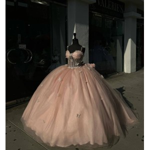 Spaghetti Strap Pink Quinceanera Dresses Sweetheart Neck Sheer Bodice Ball Gown 15 Dress With Bow