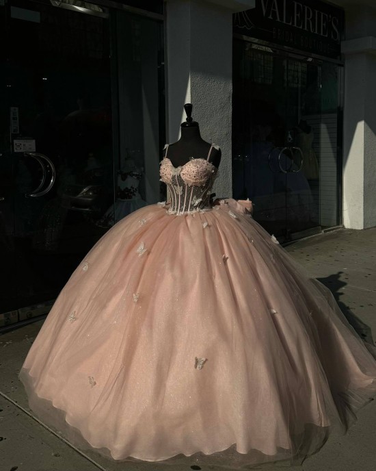 Spaghetti Strap Pink Quinceanera Dresses Sweetheart Neck Sheer Bodice Ball Gown 15 Dress With Bow