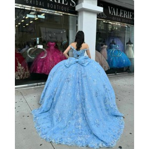 Spaghetti Strap Sky Blue Quinceanera Dress Sweetheart Lace Appliques Ball Gown Sequin 15 Dresses With Bow