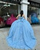 Spaghetti Strap Sky Blue Quinceanera Dress Sweetheart Lace Appliques Ball Gown Sequin 15 Dresses With Bow