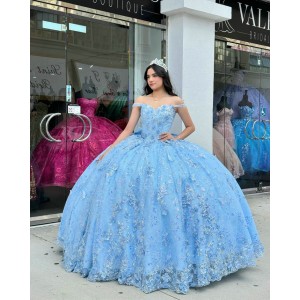 Spaghetti Strap Sky Blue Quinceanera Dress Sweetheart Lace Appliques Ball Gown Sequin 15 Dresses With Bow