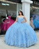 Spaghetti Strap Sky Blue Quinceanera Dress Sweetheart Lace Appliques Ball Gown Sequin 15 Dresses With Bow