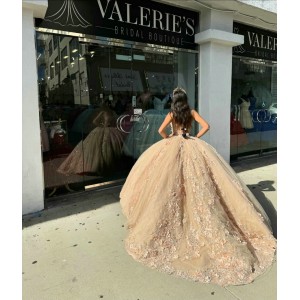 Strapless Champagne Quince Dresses Sweetheart Neck Crystal 15 Dress Lace Appliques Ball Gowns