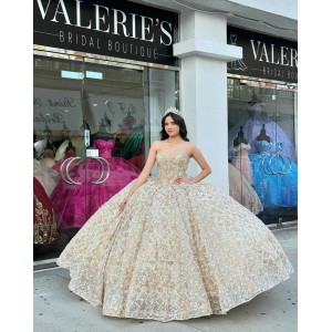 Strapless Champagne Quinceanera Dress Sweetheart Crystal Ball Gown Metallic Sequin 15 Dresses With Bow