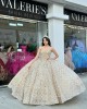 Strapless Champagne Quinceanera Dress Sweetheart Crystal Ball Gown Metallic Sequin 15 Dresses With Bow