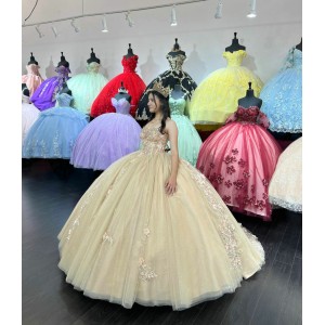 Strapless Champagne Quinceanera Dresses Sweetheart Neck Sequin 15 Dress With 3D Flowers