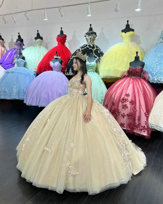 Strapless Champagne Quinceanera Dresses Sweetheart Neck Sequin 15 Dress With 3D Flowers