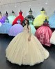 Strapless Champagne Quinceanera Dresses Sweetheart Neck Sequin 15 Dress With 3D Flowers