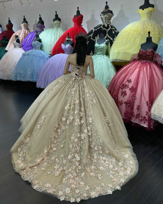 Strapless Champagne Quinceanera Dresses Sweetheart Neck Sequin 15 Dress With 3D Flowers