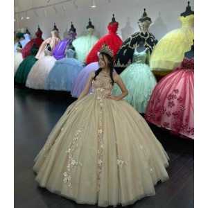 Strapless Champagne Quinceanera Dresses Sweetheart Neck Sequin 15 Dress With 3D Flowers