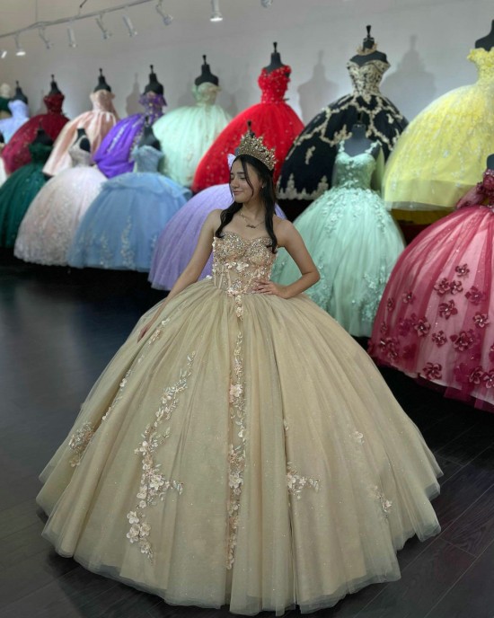 Strapless Champagne Quinceanera Dresses Sweetheart Neck Sequin 15 Dress With 3D Flowers