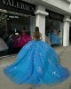 Sweetheart Neck Blue Quinceanera Dresses Off Shoulder Ball Gown Sheer Bodice 15 Dress With Lace Appliques