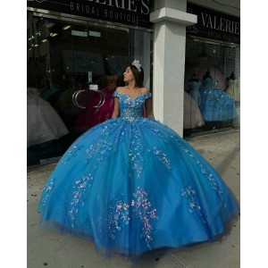 Sweetheart Neck Blue Quinceanera Dresses Off Shoulder Ball Gown Sheer Bodice 15 Dress With Lace Appliques