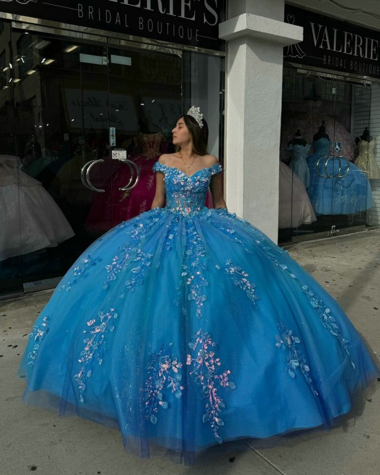 Sweetheart Neck Blue Quinceanera Dresses Off Shoulder Ball Gown Sheer Bodice 15 Dress With Lace Appliques