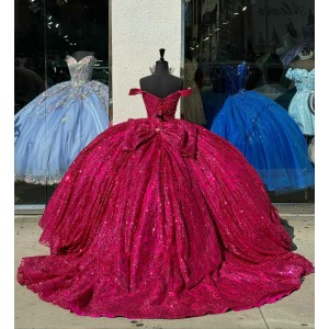 Sweetheart Neck Burgundy Quinceanera Dresses Off Shoulder Ball Gown Metallic Sequin 15 Dress With Bow