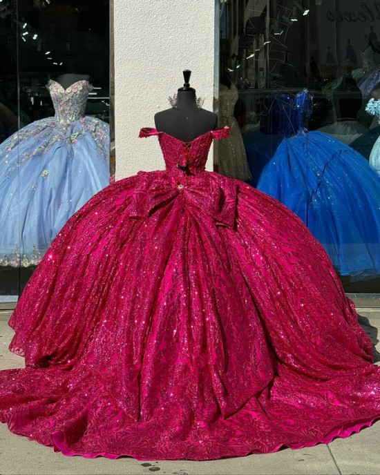 Sweetheart Neck Burgundy Quinceanera Dresses Off Shoulder Ball Gown Metallic Sequin 15 Dress With Bow