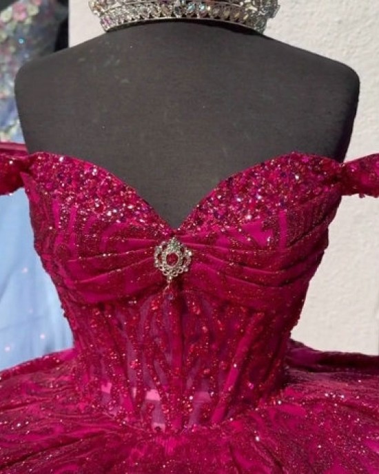 Sweetheart Neck Burgundy Quinceanera Dresses Off Shoulder Ball Gown Metallic Sequin 15 Dress With Bow