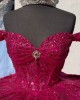 Sweetheart Neck Burgundy Quinceanera Dresses Off Shoulder Ball Gown Metallic Sequin 15 Dress With Bow