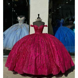 Sweetheart Neck Burgundy Quinceanera Dresses Off Shoulder Ball Gown Metallic Sequin 15 Dress With Bow