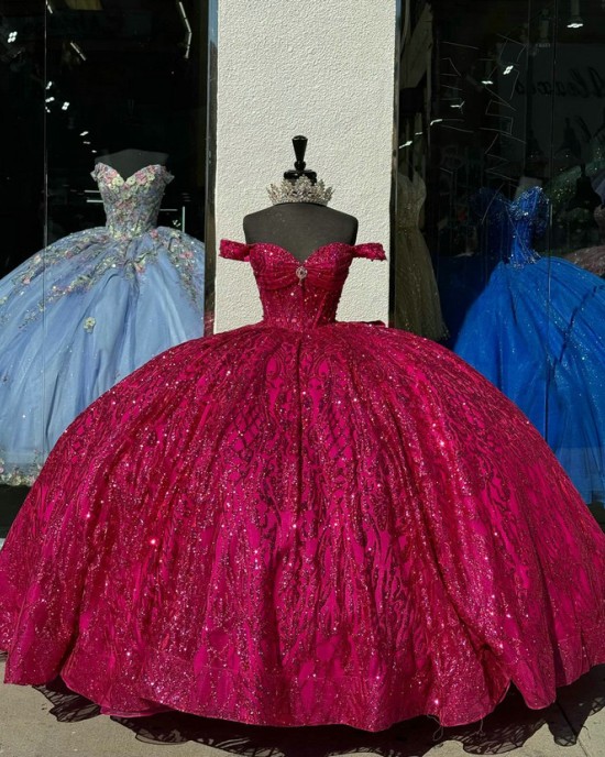 Sweetheart Neck Burgundy Quinceanera Dresses Off Shoulder Ball Gown Metallic Sequin 15 Dress With Bow